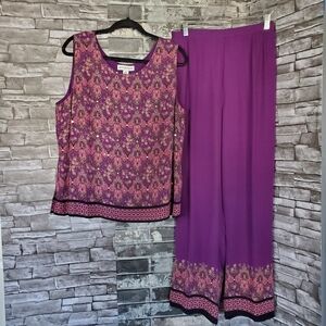 August Max 100% Silk Set Wide-leg Pants Sleeveless Floral Top Size XL Purple
